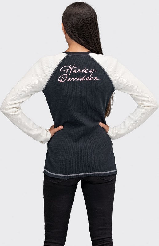 Harley-Davidson Script Font Laced Front Waffle Henley For Women  Black Beauty | 96090-22VW
