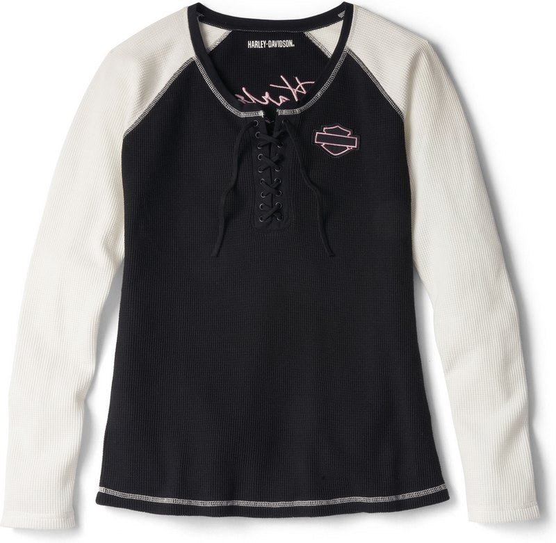 Harley-Davidson Script Font Laced Front Waffle Henley For Women  Black Beauty | 96090-22VW
