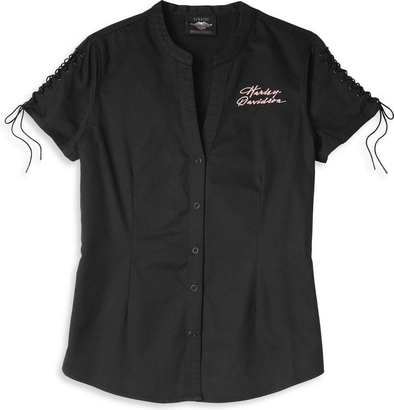 Harley-Davidson Script Font Laced Sleeve Shirt For Women  Black Beauty | 96115-22VW
