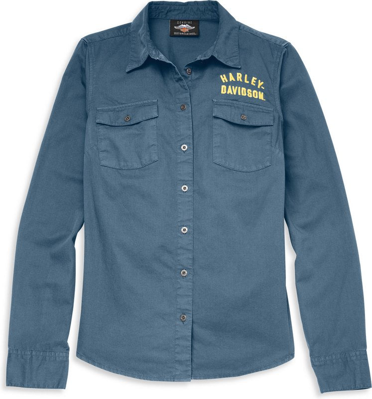 Harley-Davidson Racer Font Solid Soft Twill Shirt For Women  Bering Sea | 96120-22VW