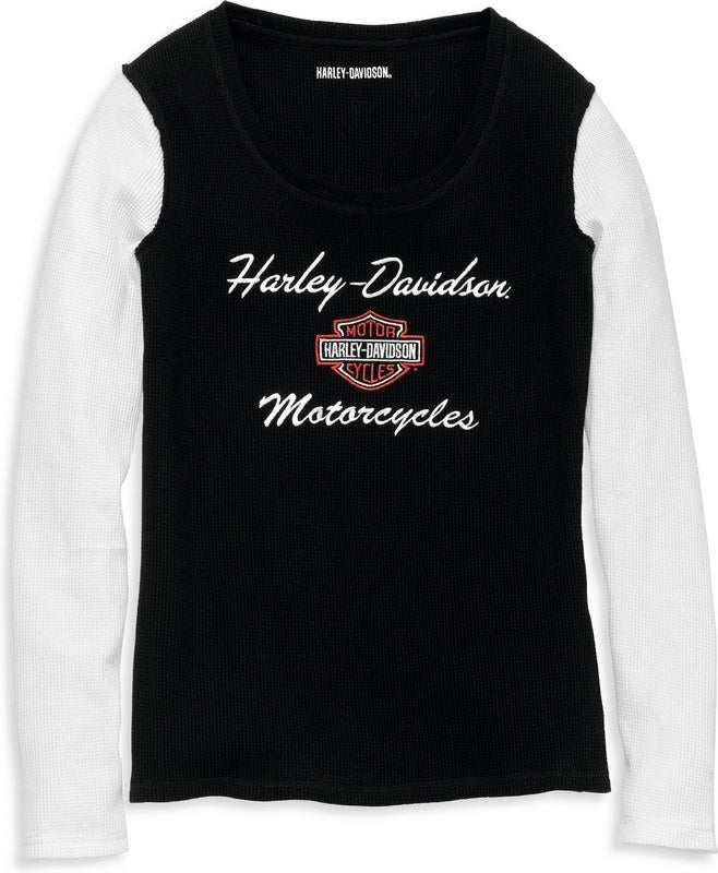 Harley-Davidson Iconic Scoop Neck Contrast Sleeve Knit Top For Women  Black Beauty | 96207-22VW