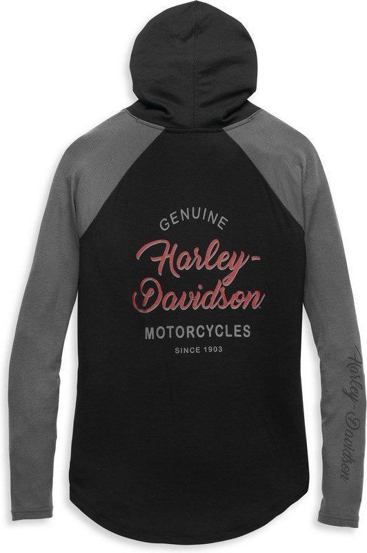 Harley-Davidson Women'S Silver Wing Script Hooded Baseball Hem Knit Top  Block Design/Black Beauty | 96211-22VW