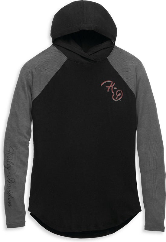 Harley-Davidson Women'S Silver Wing Script Hooded Baseball Hem Knit Top  Block Design/Black Beauty | 96211-22VW