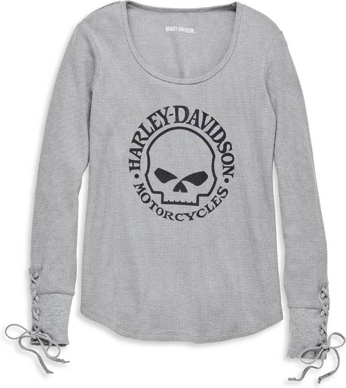 Harley-Davidson Willie G Skull Laced Detail Waffle Knit Top For Women  Medium Heather Grey | 96213-22VW