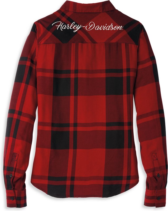 Harley-Davidson Silver Wing Script Font One Pocket Plaid Shirt For Women  Yarn Dyed Plaid-Cabernet | 96216-22VW