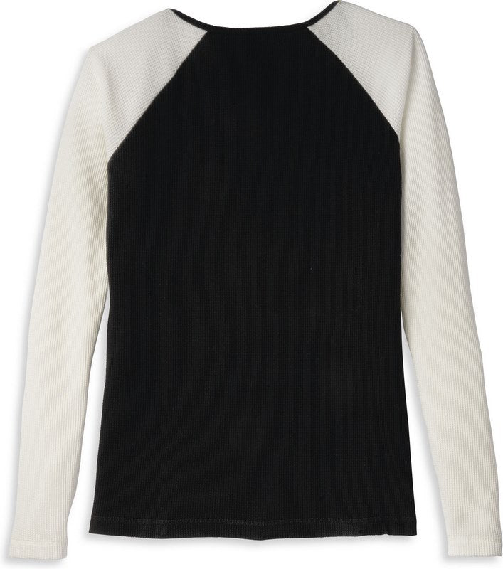 Harley-Davidson Silver Wing Font Graphic Notch Neck Colorblock Waffle Knit Top For Women  Block Design/Black Beauty | 96242-22VW