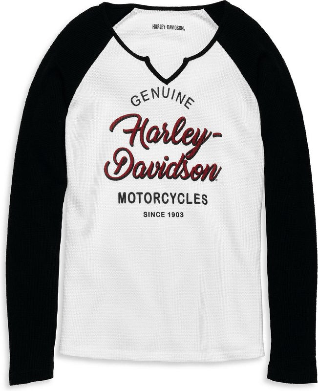 Harley-Davidson Silver Wing Font Graphic Notch Neck Colorblock Waffle Knit Top For Women  Block Design/Black Beauty | 96242-22VW