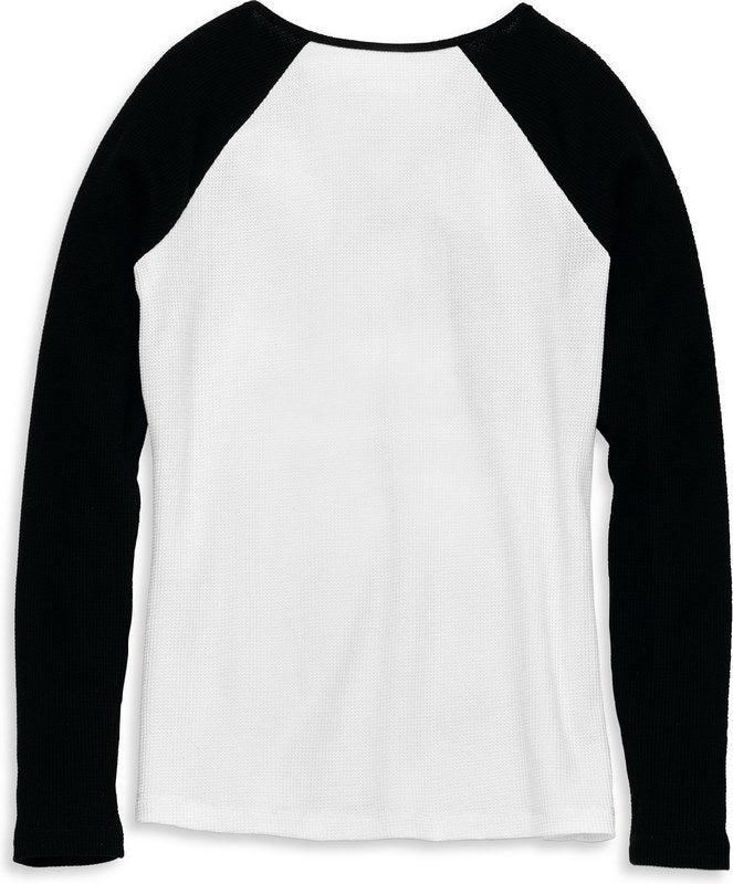 Harley-Davidson Silver Wing Font Graphic Notch Neck Colorblock Waffle Knit Top For Women  Block Design/Black Beauty | 96242-22VW