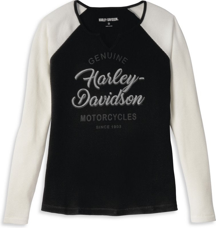 Harley-Davidson Silver Wing Font Graphic Notch Neck Colorblock Waffle Knit Top For Women  Block Design/Black Beauty | 96242-22VW
