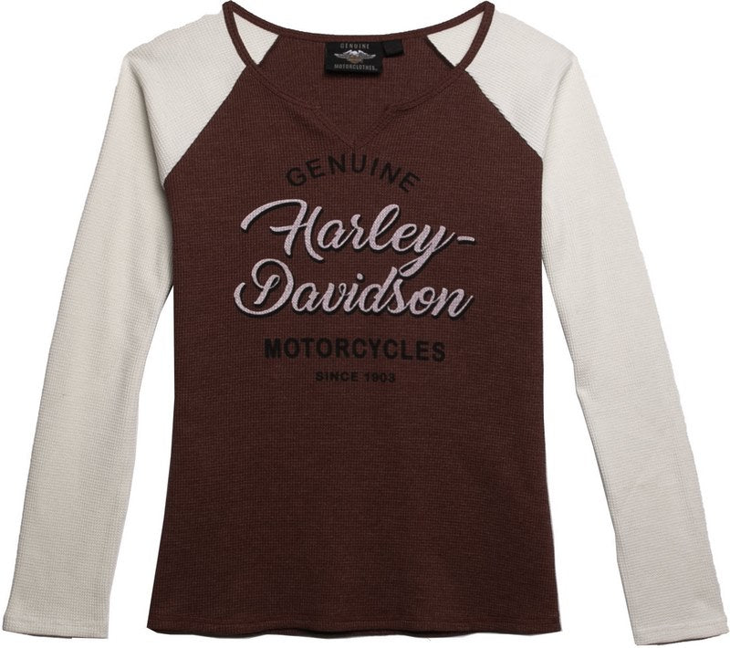 Harley-Davidson Silver Wing Font Graphic Notch Neck Colorblock Waffle Knit Top For Women  Colorblock Design/Cabernet | 96243-22VW