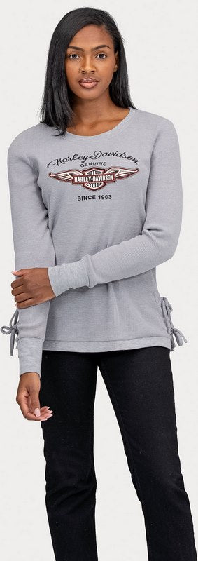Harley-Davidson Silver Wing Side Tie Waffle Knit Top For Women  Forged Iron Heather | 96244-22VW