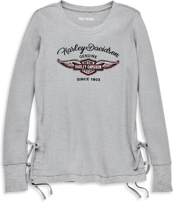 Harley-Davidson Silver Wing Side Tie Waffle Knit Top For Women  Forged Iron Heather | 96244-22VW