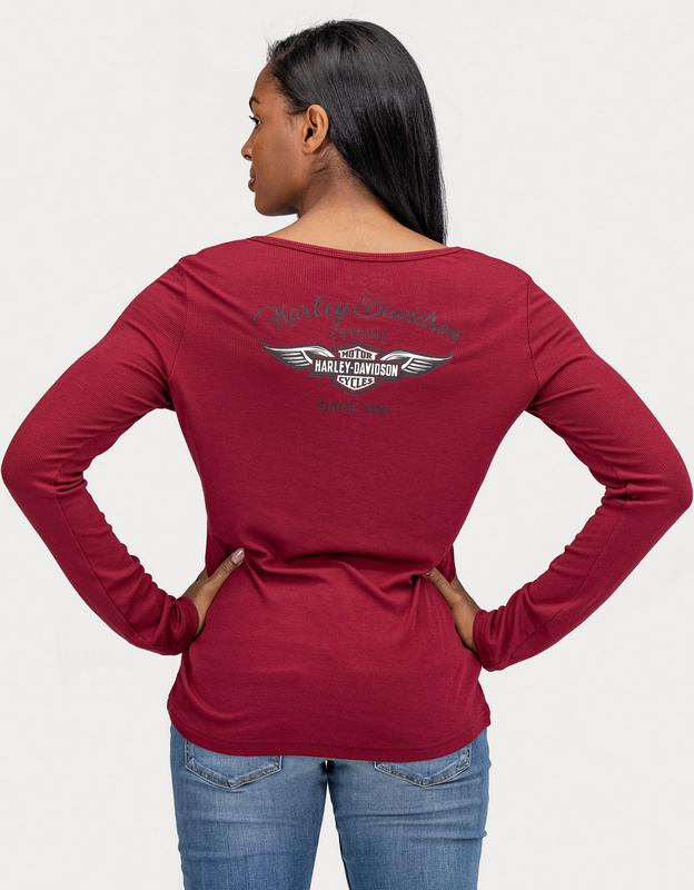 Harley-Davidson Silver Wing Five Button Henley For Women  Cabernet | 96245-22VW