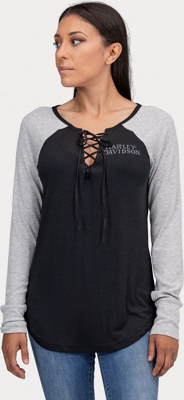 Harley-Davidson Willie G Skull Laced Front Henley For Women  Black Beauty | 96252-22VW