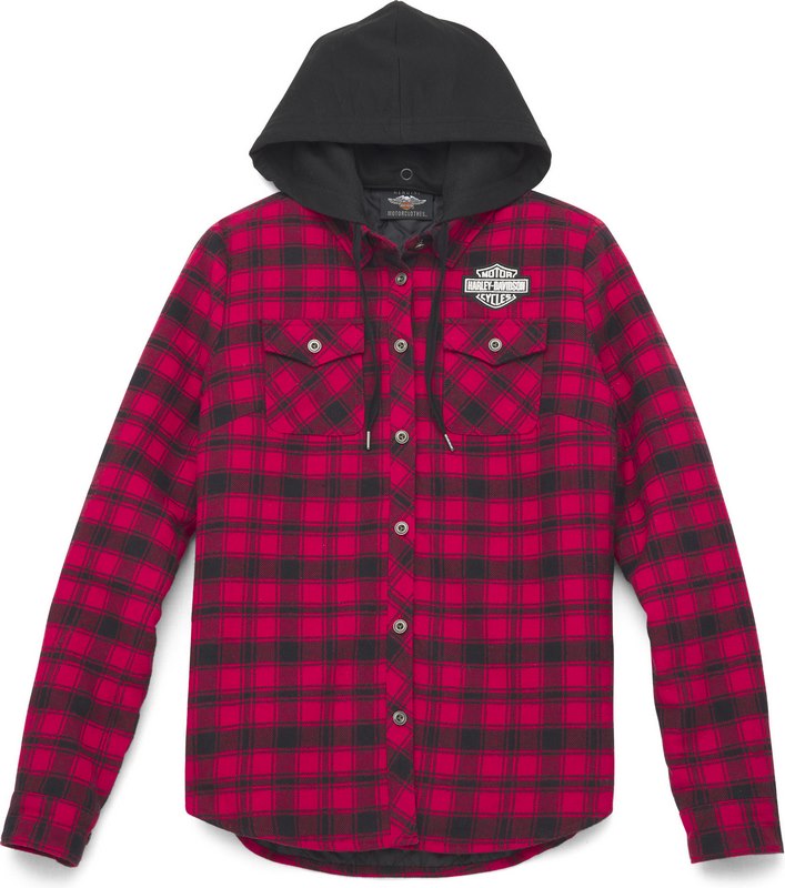 Harley-Davidson Bar & Shield Women'S Flannel Shirt Jacket W/ Removable Hood  Yarn Dyed Plaid-Red | 96273-22VW