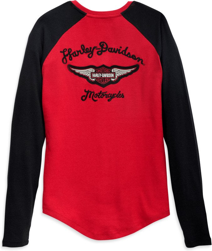 Harley-Davidson Timeless Silver Wing Henley For Women  Colorblocked-Chili Pepper | 96449-23VW