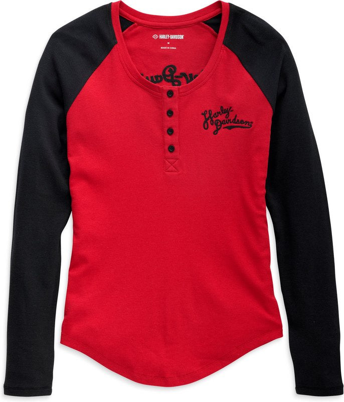 Harley-Davidson Timeless Silver Wing Henley For Women  Colorblocked-Chili Pepper | 96449-23VW