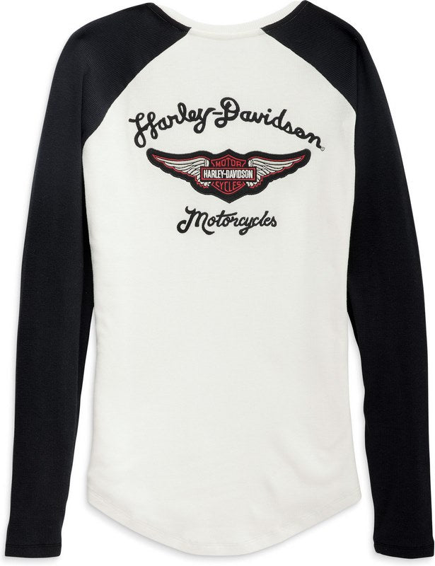 Harley-Davidson Women'S Timeless Silver Wing Henley  Colorblock-Design-Cloud Dancer | 96450-23VW
