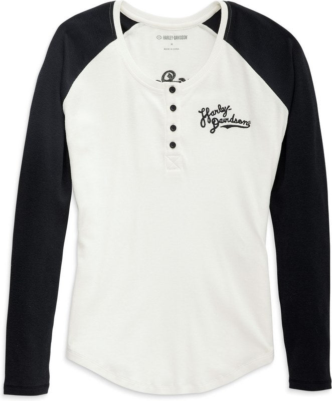 Harley-Davidson Women'S Timeless Silver Wing Henley  Colorblock-Design-Cloud Dancer | 96450-23VW