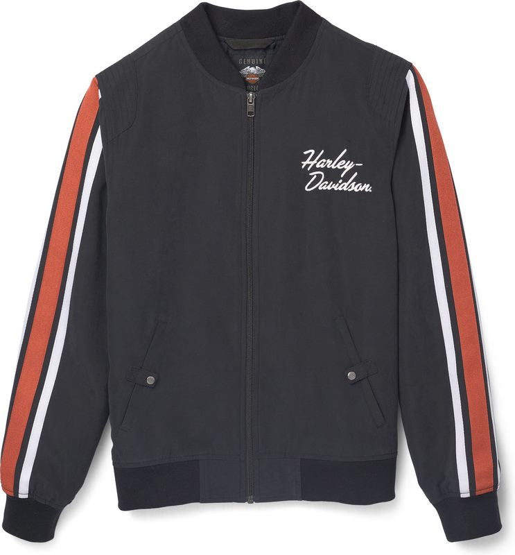 Harley-Davidson Women'S Iconic Sleeve Stripe Matte Satin Bomber Jacket  Black Beauty | 97404-22VW