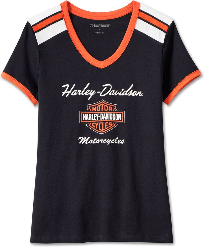 Harley-Davidson Women'S Iconic V-Neck Shoulder Stripe Tee  Black Beauty | 99012-23VW