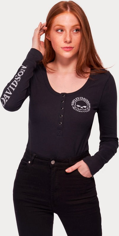 Harley-Davidson Women'S Skull Snap Front Long Sleeve Henley  Black Beauty 2 | 99099-22VW