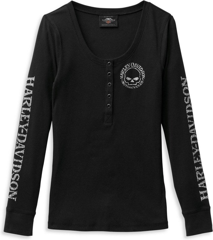 Harley-Davidson Women'S Skull Snap Front Long Sleeve Henley  Black Beauty 2 | 99099-22VW