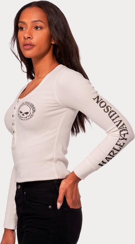 Harley-Davidson Women'S Skull Snap Front Long Sleeve Henley  Cloud Dancer | 99100-22VW