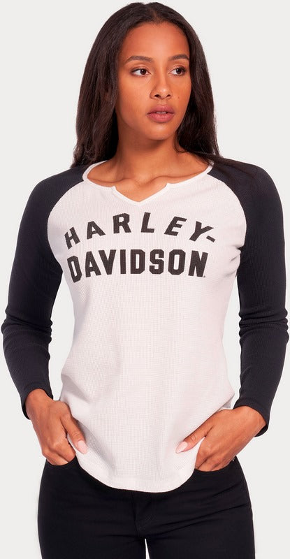 Harley-Davidson Women'S Hallmark Thermal Knit Top  Colorblock-Design-Cloud Dancer | 99104-22VW