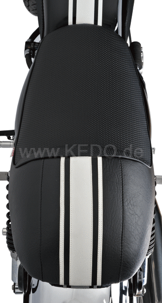 Kedo Seat 'Classic Racer'  Black with White Stripes and Black Piping  including rear brackets. | 40562