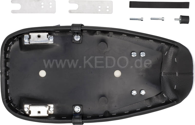 Kedo Seat 'Ultra Classic'  ribbed black cover  white piping  ready-to-mount  including rear bracket 27153  length 55cm  incl passenger seat strap.. | 40805