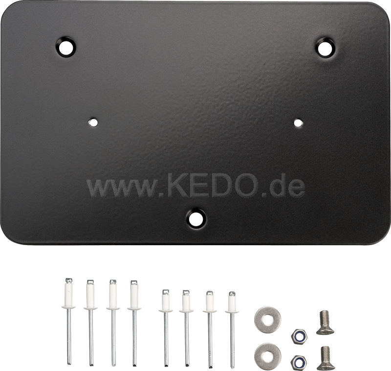 Kedo License Plate Pad 210x130mm  for french license plates  2mm aluminum black  with countersunk head fixing on the vehicle & blind rivets for license plates | 50178