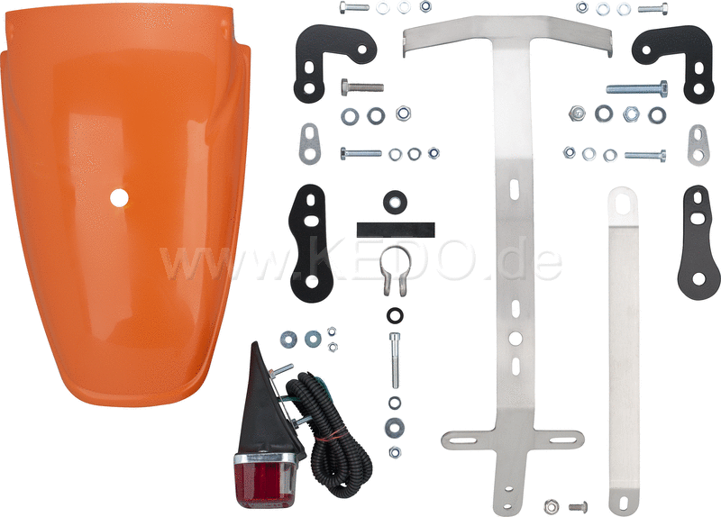 Kedo TT-style Fender conversion  complete incl TT500- 'El Toro Orange' fender  taillight  license plate bracket and INDICATOR (50097 pad recommended). | 50183-ET