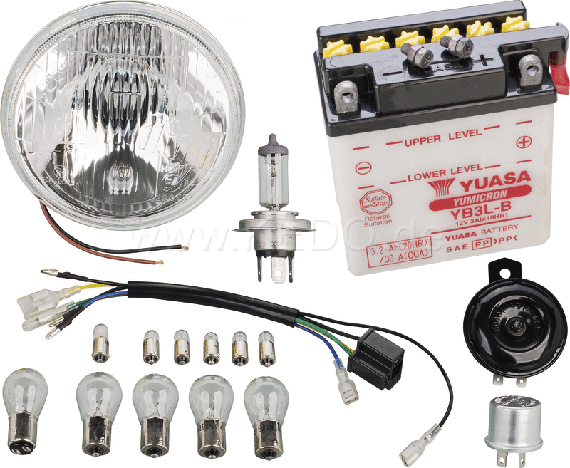 Kedo Add-On Kit H4 for Item 50544 PME 12V conversion  includes all bulbs  YUASA battery  flasher relay  horn  H4 bulb and adapter + headlight reverberator | 50551-Y