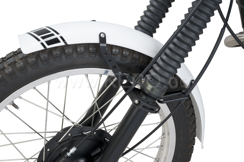 Kedo Trial Front Fender style engine  white  not drilled  free positionable  including black aluminum brackets  milled aluminum clamps & decals. | 50769W