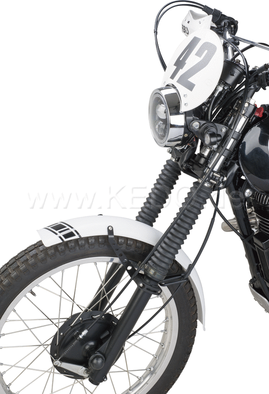 Kedo Trial Front Fender style engine  white  not drilled  free positionable  including black aluminum brackets  milled aluminum clamps & decals. | 50769W