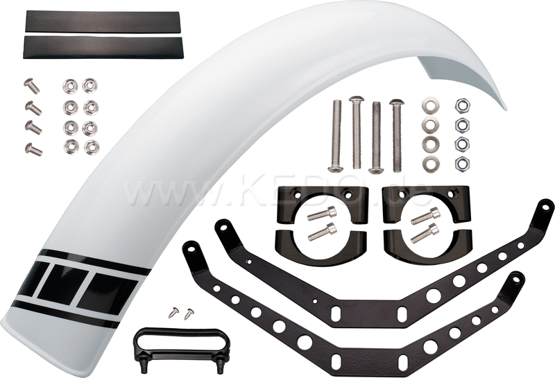 Kedo Trial Front Fender style engine  white  not drilled  free positionable  including black aluminum brackets  milled aluminum clamps & decals. | 50769W
