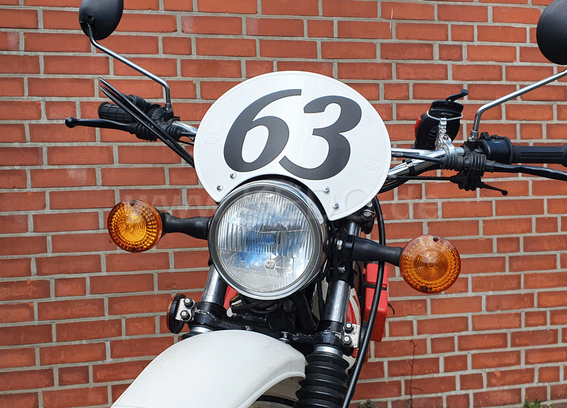 Kedo Number Plate 'Six Days'  Preston Petty plastic white  ready to mount with black stainless steel brackets  for original headlight brackets  tilt +/-. | 60406W