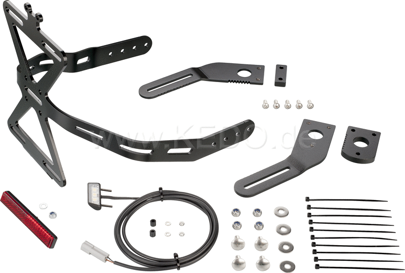 Kedo License plate holder swing arm mounting  stainless steel / aluminum black plastic coated  incl 'E' approved license plate light and reflector | 62028
