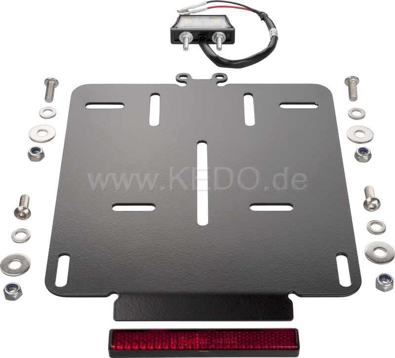 Kedo Universal License Plate incl E-approved LED license plate light + reflector  2mm aluminum black coated  fits Euro license plates 180x200mm | 63006