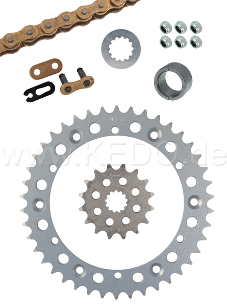 Kedo SR500 Racing Chain Kit  complete with 16T Front Sprocket 42T Alu Rear Sprocket  DID Racing Chain 520ERT3 / 102 Left + Clip Joint and Small Parts | 91165