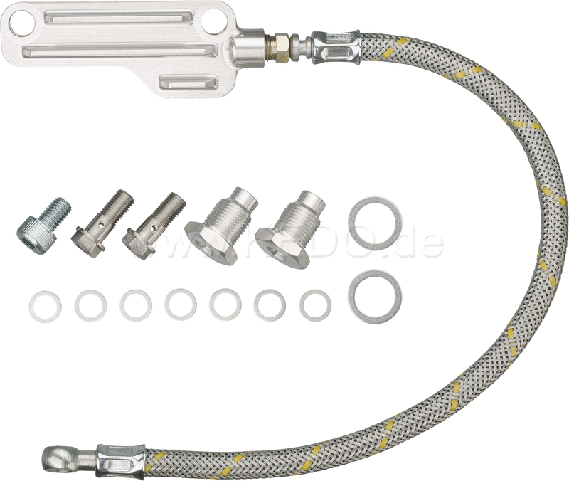 Kedo Twin Feed Oil Line Kit 'Vintage' with Steel-Braided Oil Line and Silver Anodized aluminum block with fins  Complete Kit | 92105