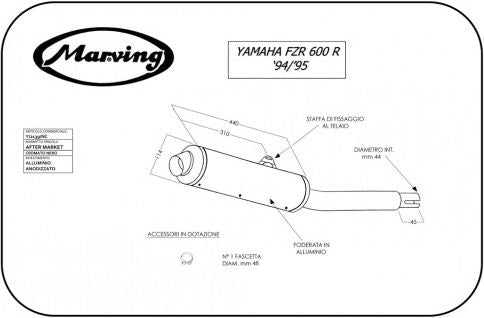 Marving / マービング マフラー Cylindrical &Oslash; 114 ブラック + アルミニウム - EU公道走行認可 Yamaha FZR 600 R (94-95 | Y/2139/NC