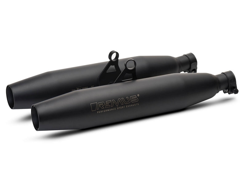 スリップオンテーパードマフラー スポーツ排気システム 左右 Ø84mm、触媒付き、ステンレスブラック、EC認証付