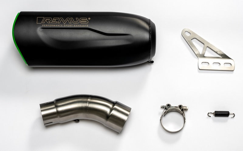 スリップオンNXTレーシングスポーツエキゾースト、ステンレスブラック＆グリーン、接続チューブレーシング