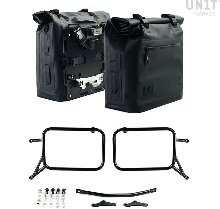 Unitgarage / ユニットガレージ Two Khali side panniers in TPU 35L - 45L + Pair of aluminium plates with Inox Subframe R & GS | 2xUG002-2xAL0-1528