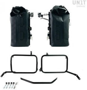 Unitgarage / ユニットガレージ Two Khali side panniers in TPU 35L - 45L + Pair of aluminium plates with Inox Subframe Moto Guzzi V85TT | 2xUG002-AL0C-2252-BL