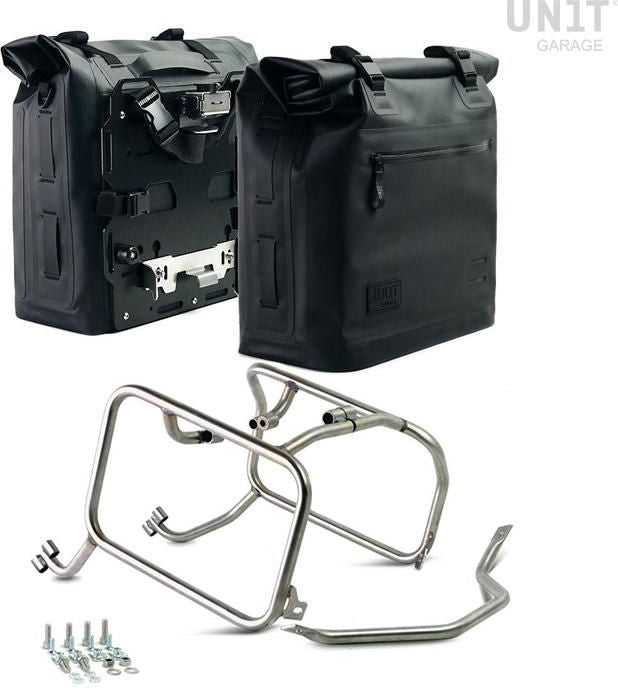 Unitgarage / ユニットガレージ Two Khali side panniers in TPU 35L - 45L + Pair of aluminium plates with HUSQVARNA frame | 2xUG002-AL0C-3005