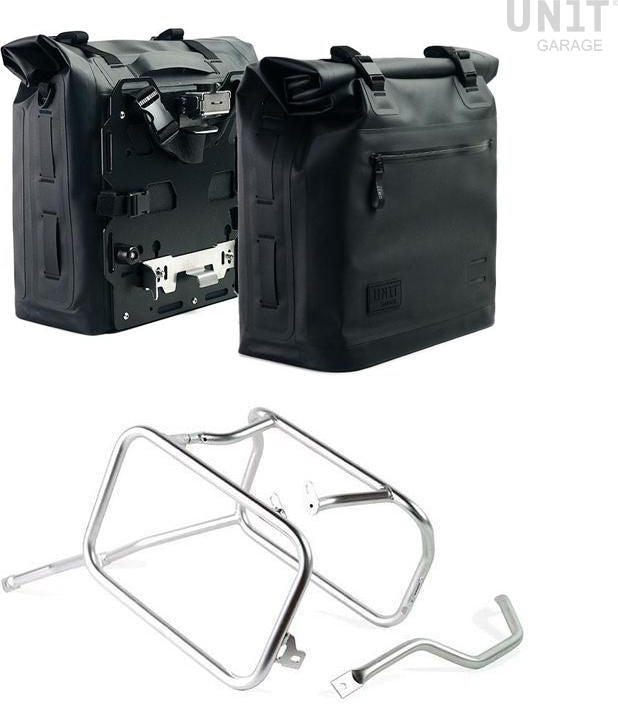 Unitgarage / ユニットガレージ Two Khali side panniers in TPU 35L - 45L + Pair of aluminium plates with Triumph 1200 XC & XE frame | 2xUG002-AL0C-3106