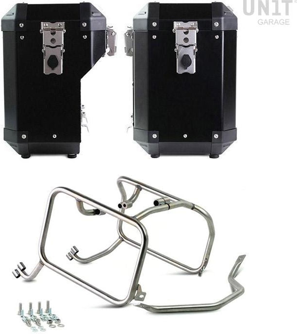 Unitgarage / ユニットガレージ Pair of aluminium Panniers Atlas 47L+41L with HUSQVARNA frame | AL2C-BL-3005